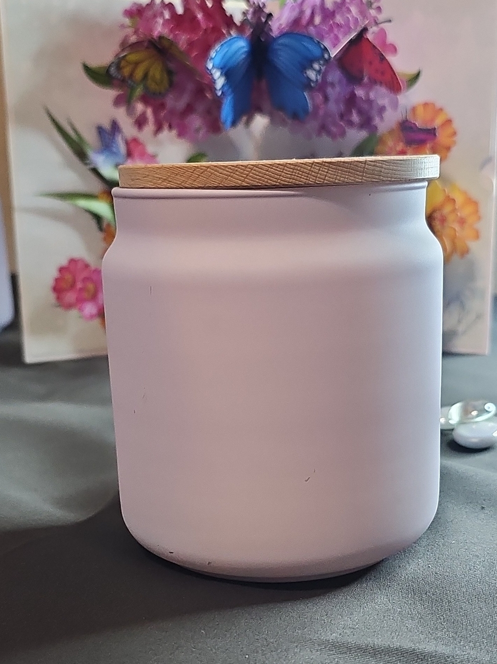 IKEA Ceramic Storage Jar with Wood Lid - Light Lavender Candle